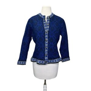 LL Bean Womens Nordic Fair Isle Cardigan Sweater Blue Black Snowflake Merino
